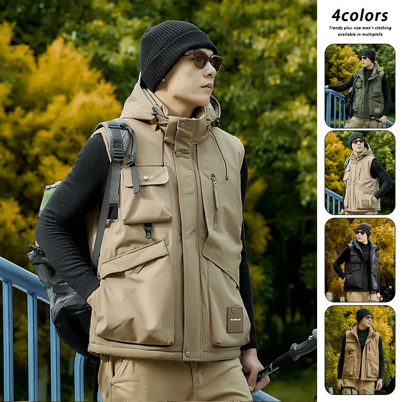 

Outdoor Workwear Sle Hooded Vest Men's Multi-ket Windproof Vest Casual Svel Jaet Stand Fit Polyester Fiber