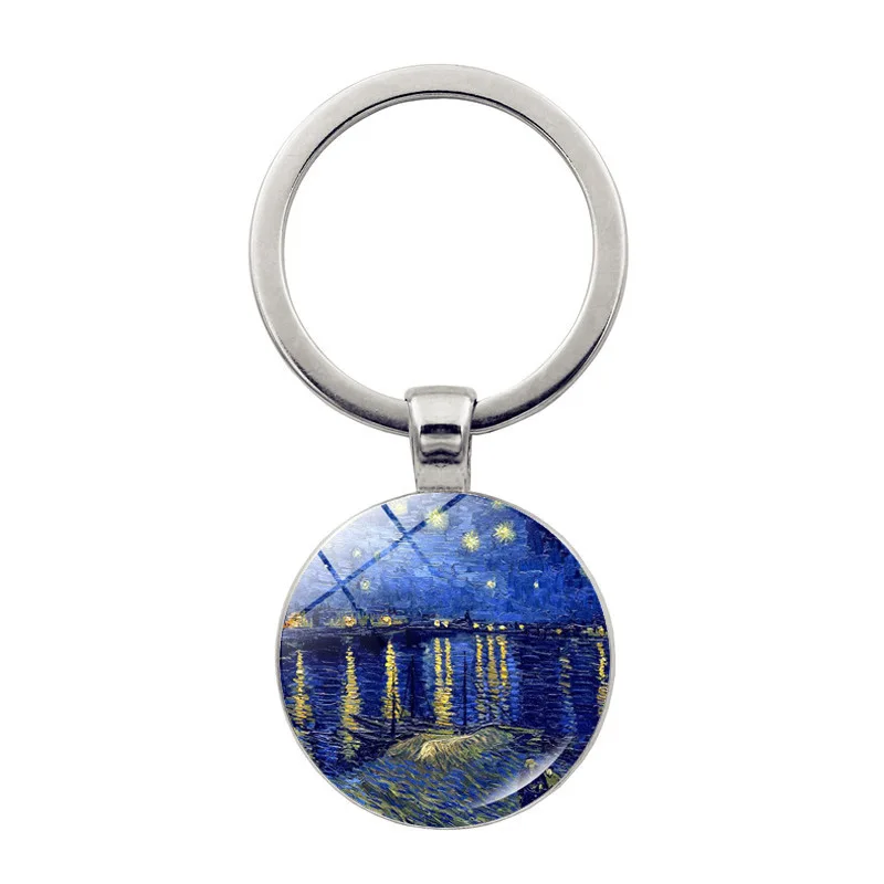 Van Gogh Starry Sky Keychain European American Time Gemstone Retro Art Oil Painting Sunflower Pendant Backpack Car Key Chain