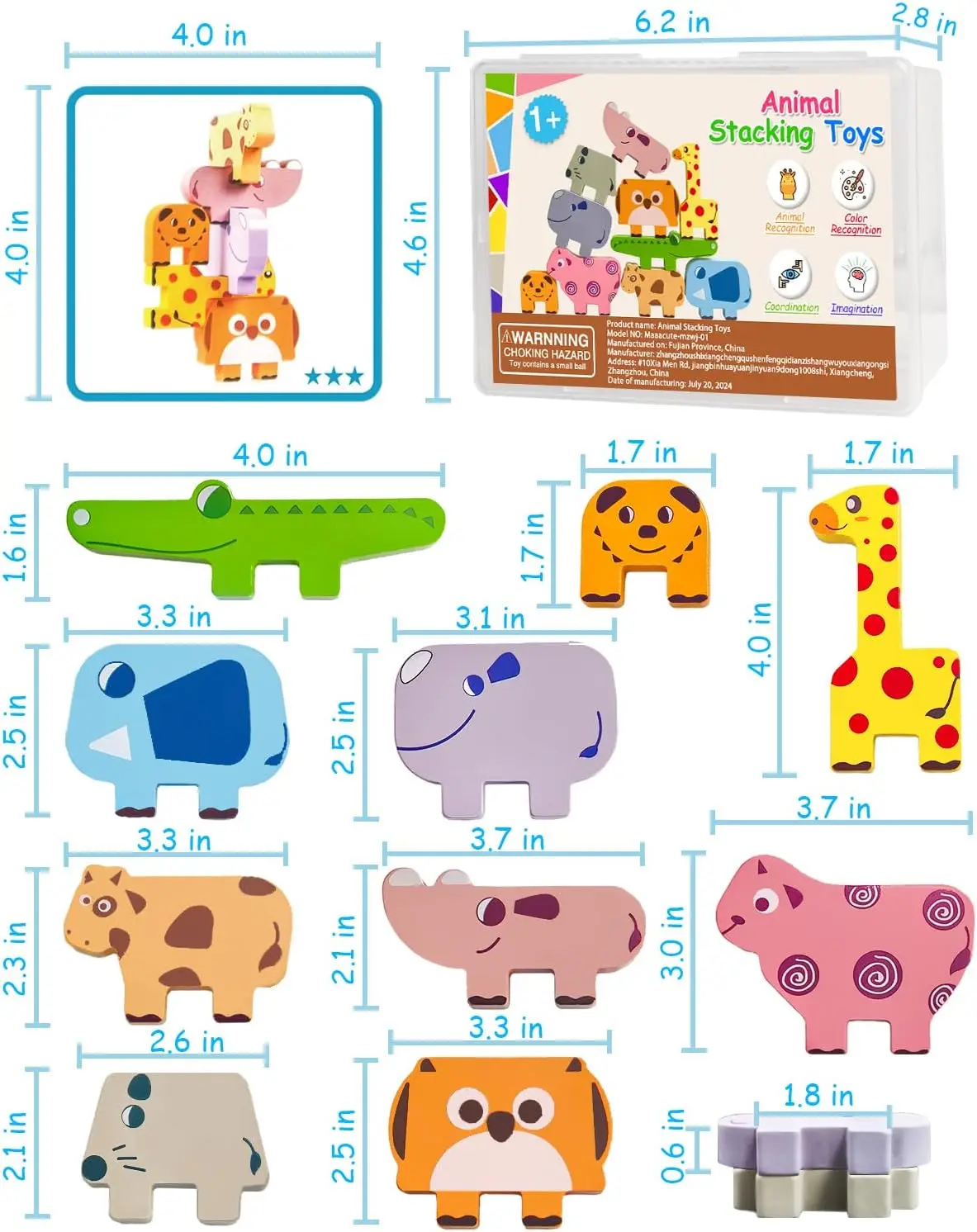 Brinquedos montessori para meninos e meninas de 1 2 3 4 anos, brinquedos para crianças de 2 a 4 anos, pacote com 10 blocos de animais de madeira, classificação e empilhamento, educação