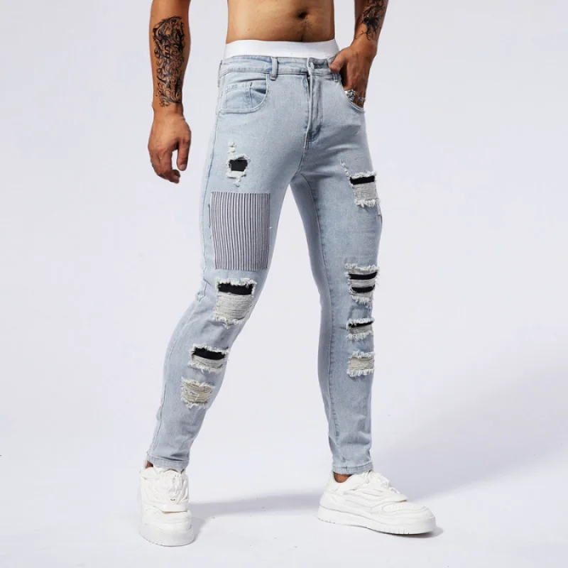 Skinny Jeans Men's Hole Patch Stitching Fashion Men's Clothing 2024 New High-End Stretch Slim Fit Tapered Pants