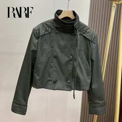 RARF 2024 autumn new women's fashion pocket double breasted waxed leather short trench coat women's top coat