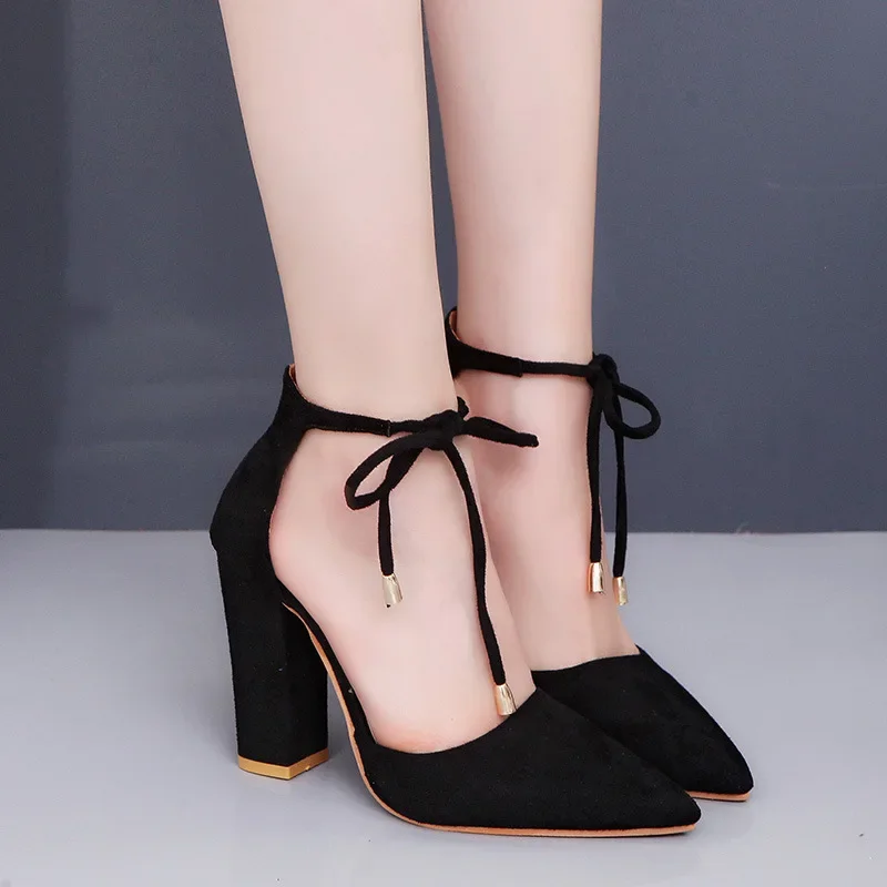 2024 New European and American Large High Heels Coarse Heel Strap Pointed Shallow Mouth Comfortable Fashion Sandals for Women