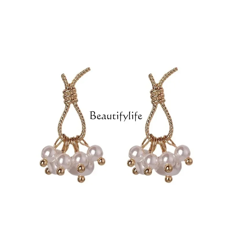 

2024 new 925 silver stud earrings temperament imitation pearl knotted earrings women's retro