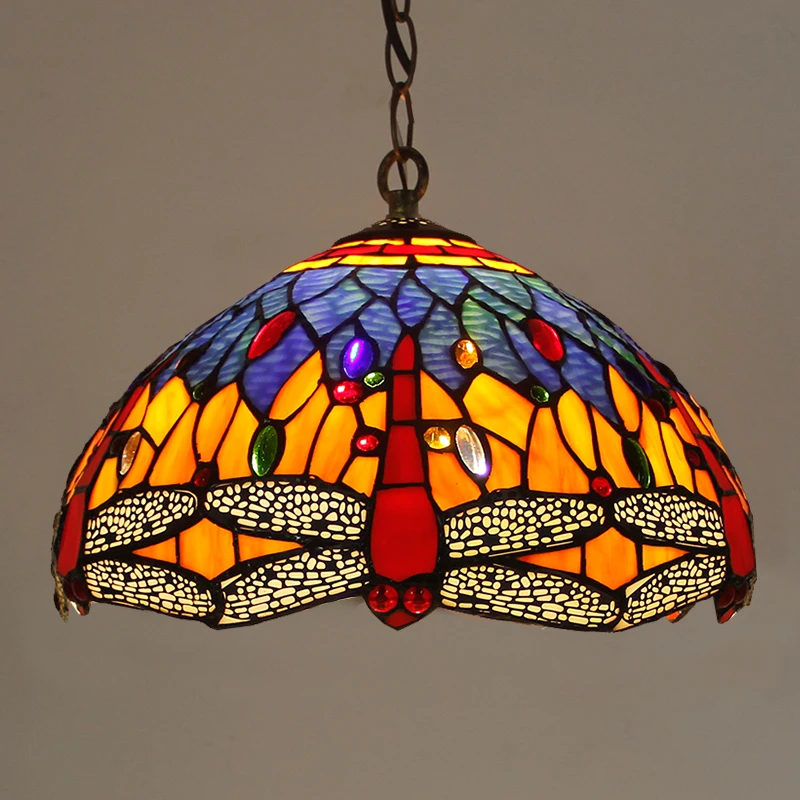 

Vintage Tiffany Pendant Lights Chandelier Dragonfly pearl design Stained Glass hanging Lamp Lighting luxury Home Loft Decor 12"