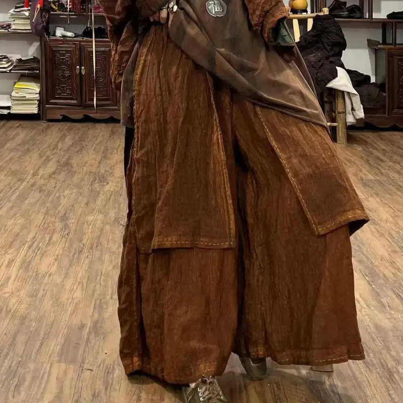 الربيع الصيف الفنون نمط المرأة مرونة الخصر فضفاضة الكاحل طول السراويل 100% الكتان مشرق خط الديكور خمر بنطال ذو قصة أرجل واسعة #3