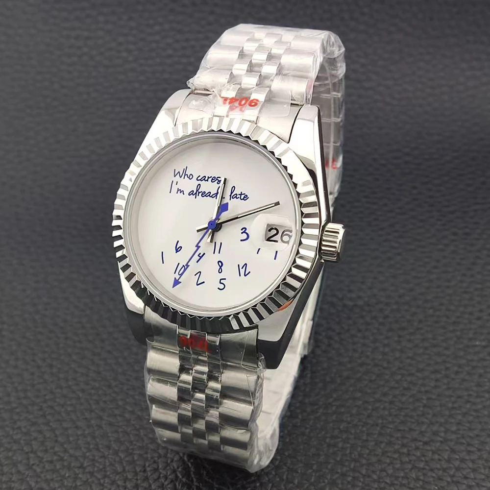 39 مللي متر/36 مللي متر nh35 ساعة من يهتمني بالفعل متأخر ساعة لا شعار الأزرق النص الهاتفي الياقوت كريستال زجاج NH35 الحركة التلقائية