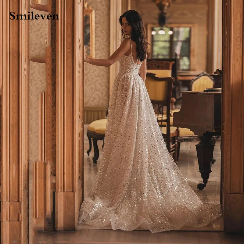 

Smileven Shiny Glitter Wedding Dress Robe De Mariee Spaghetti Straps Bride Dresses Backless Wedding Gown