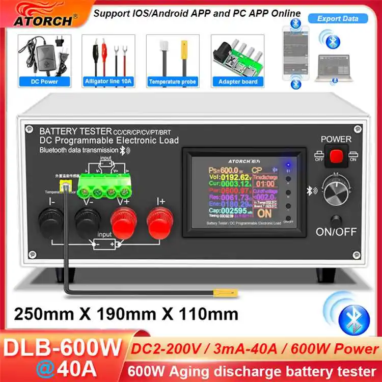DLB-600W 200V 40A DC Electronic Load Tester Programmable High-Accuracy Resolution Car Battery Temperature Capacity Monitor Tools