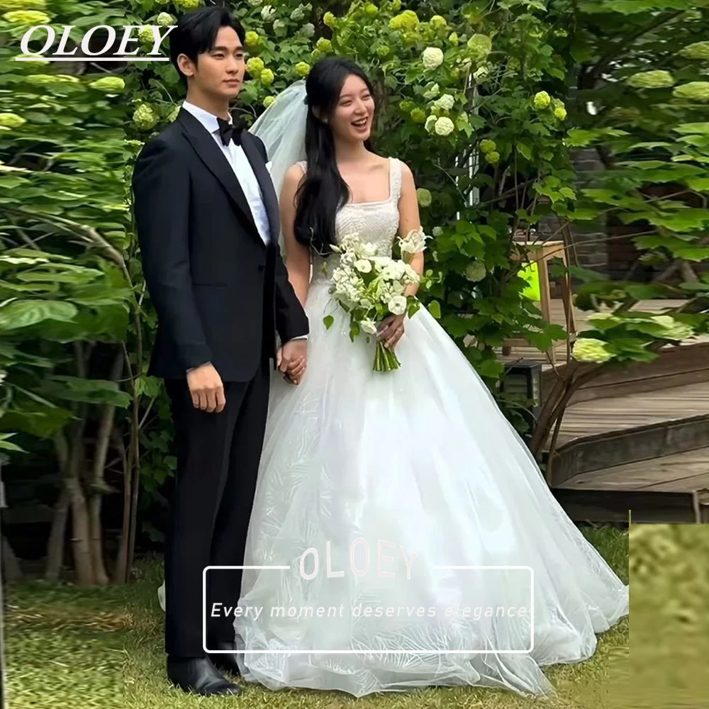 OLOEY Luxury Beaded Lace A-Line Wedding Dress Spaghetti Straps Square Collar Bridal Gown Corset Customized Robe De Mariage