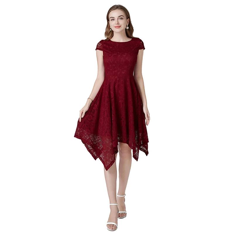 DongCMY vestido de fiesta de encaje Alto y Bajo para mujer, prenda elegante de Color Burdeos con cuello redondo, talla grande, ideal para ocasiones especiales