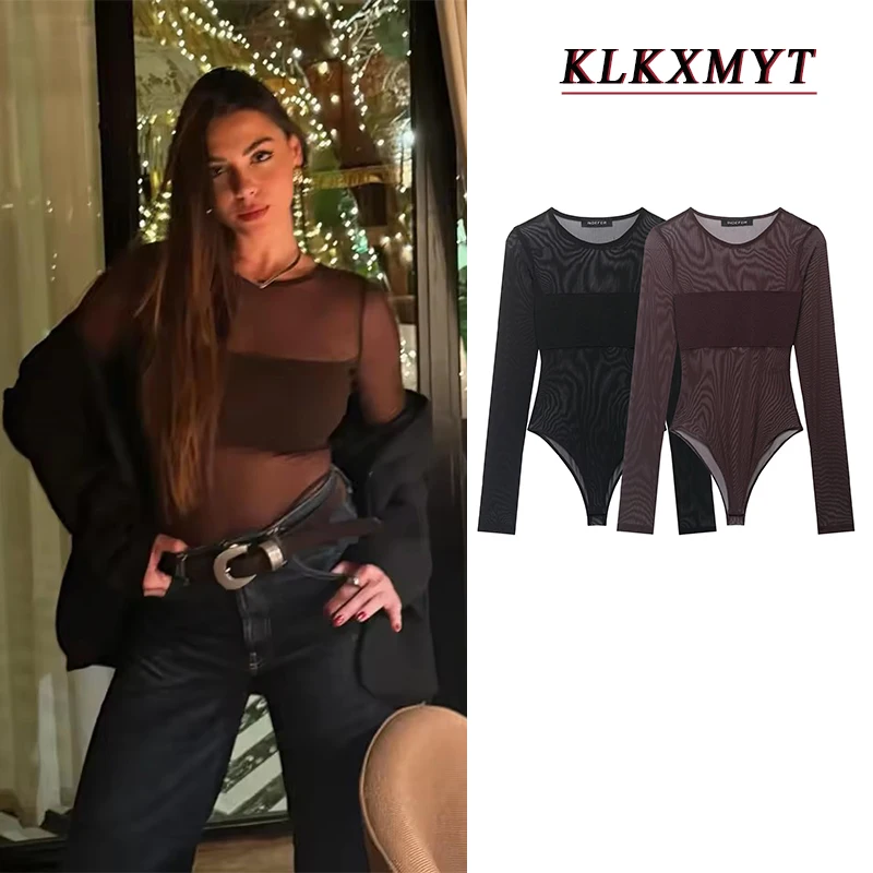

2026 Woman Summer Holiday Fashion Elegant Long Sleeves Short Jumpsuit Women Sexy Translucent Tulle O-Neck Slim Jumpsuit