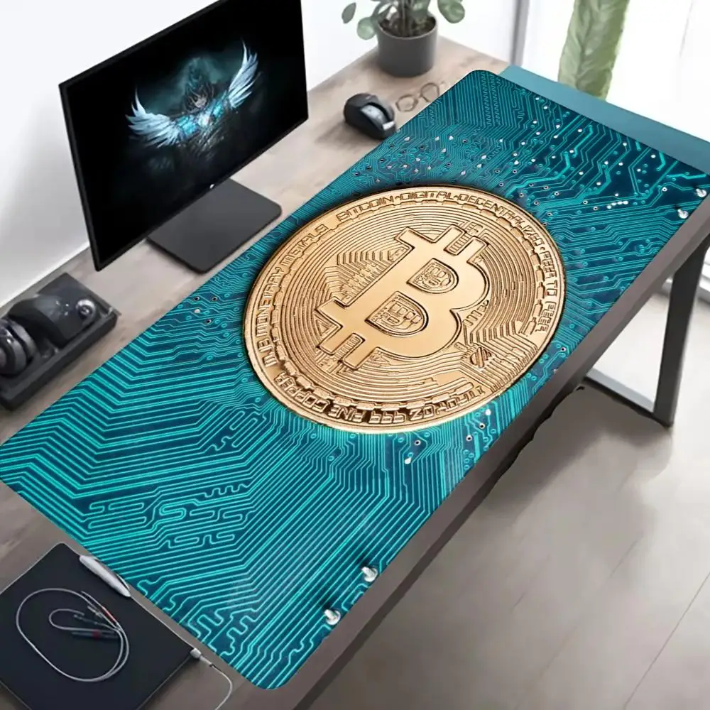 Neon Orange Circuit Bitcoin Large Extended Gaming Mouse Pad Tech Circuit Pattern Stitched Edge Non Slip Rubber Keyboard Desk Mat