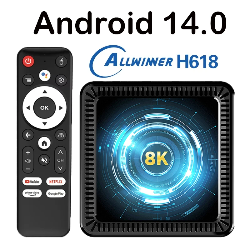Android 14 TV Box 8K UHD مشغل الوسائط الذكية 4GB 64GB Dual WiFi6 BT5.0 Set Top Box Netflix YouTube Google Play المسرح المنزلي