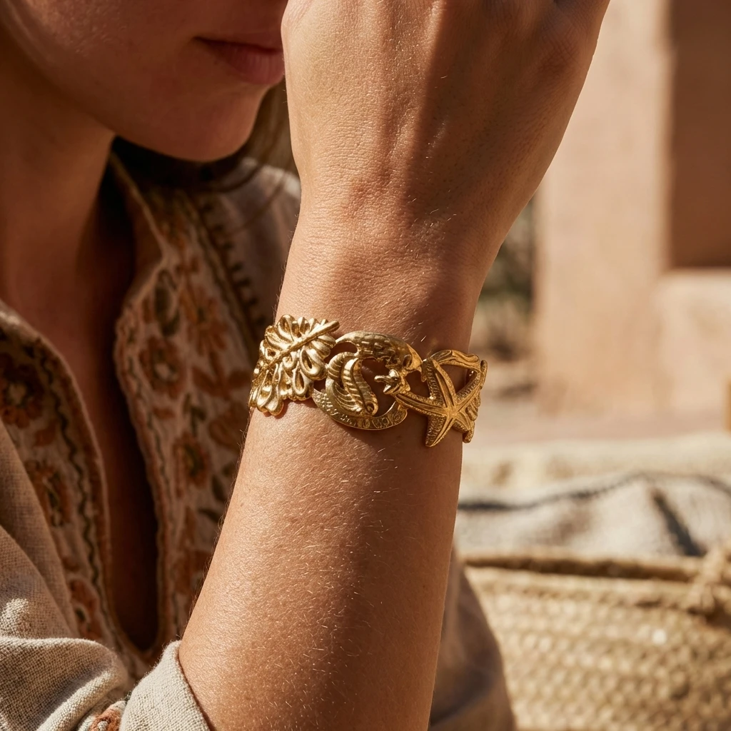 

Chunky Starfish Leaves Stainless Steel Cuff Bracelet for Women High Polished Gold Plated Wide Bangle Summer Party Jewelry Gift