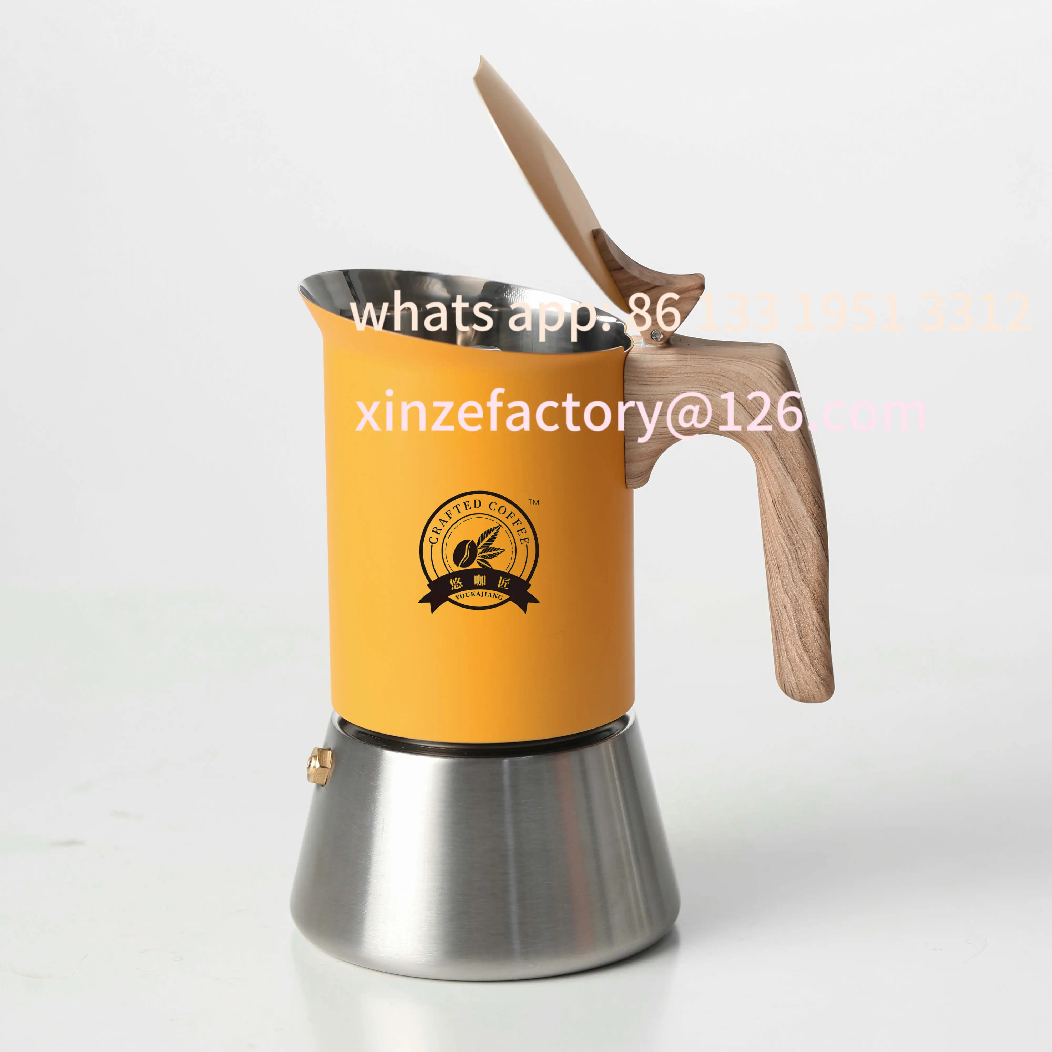 وعاء موكا من الفولاذ المقاوم للصدأ 4/6 قابل للتخصيص، أصفر غير لامع، طراز شمالي. الاستخدام المنزلي/المكتب/الخارجي. يعمل على الحث والغاز