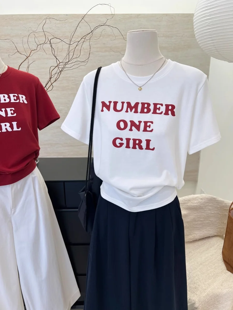 

American Retro round Neck Short Sleeve T-Shirt Women's Loose Fit Letter Print College Style Spring Summer New Arrival