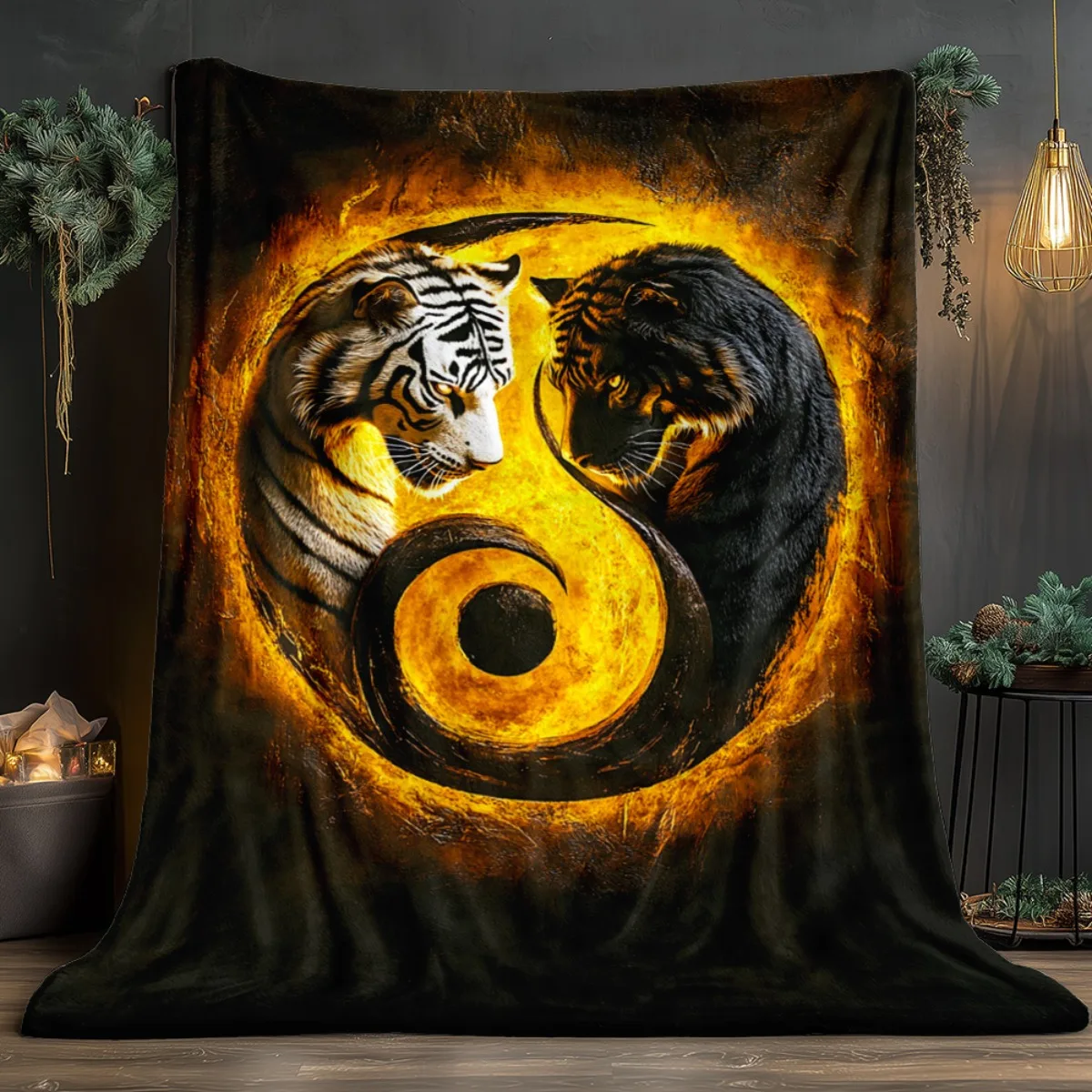 Yin Yang Tiger Flannel Throw Blanket, Bold Contrast Digital Print, Soft Lightweight for Sofa Bed, All Season Home Decor