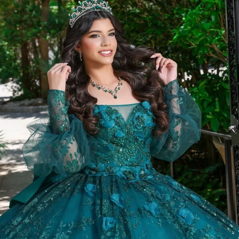 

Shiny dark green Quinceanera Dress off-shoulder Glitter 3D flower Decal Long tail Bow Vestidos De 15 Quinceanera ﻿Customize