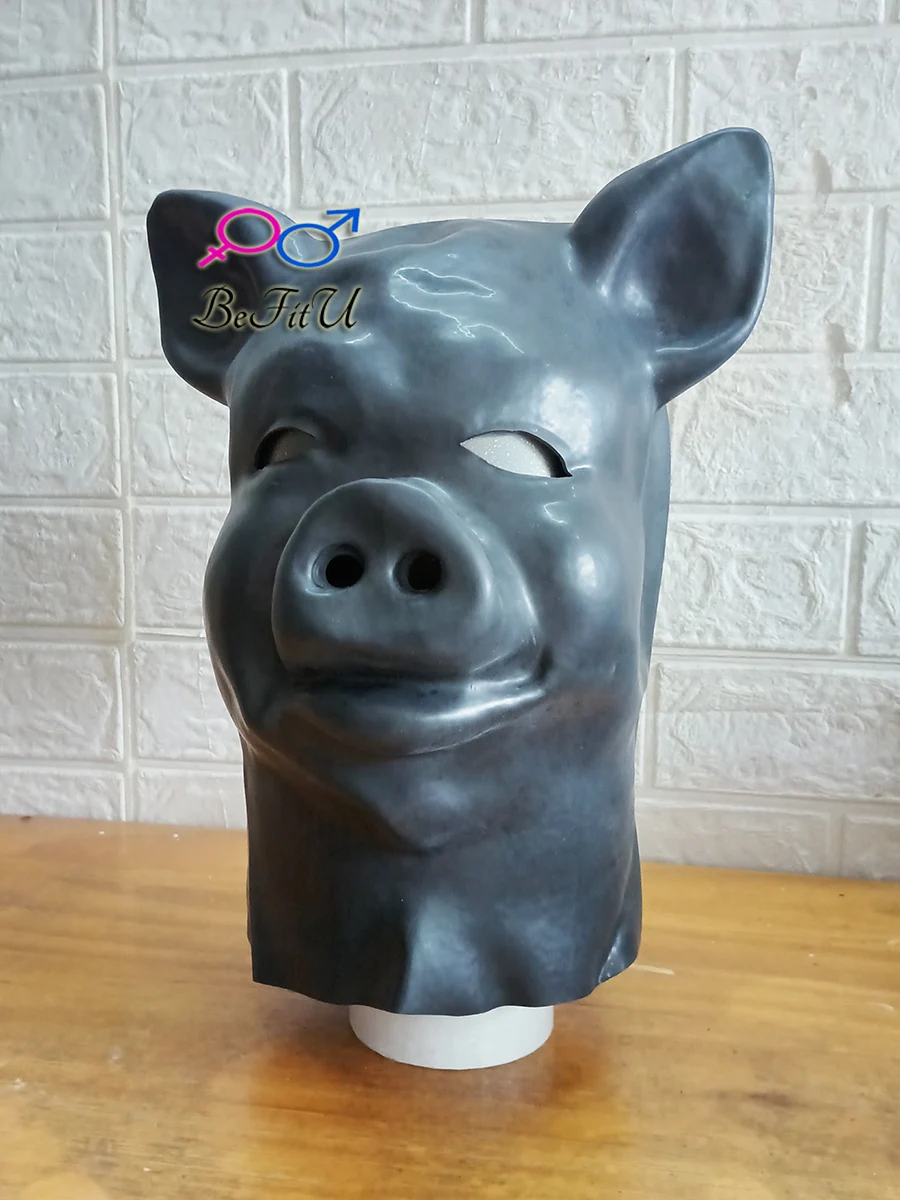 Latex Animal Mask Fetish hood with back zipper Cosplay Hats hoods Anime Pig accessory slave