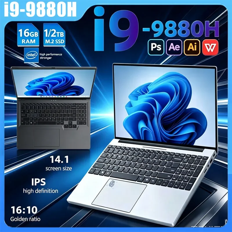 Ultrabook FHD de 14.1" Intel I9-9880H Laptop de Alto Desempenho 32GB RAM 2TB SSD Windows 11 Computador Portátil Slim para Estudantes e Escritório