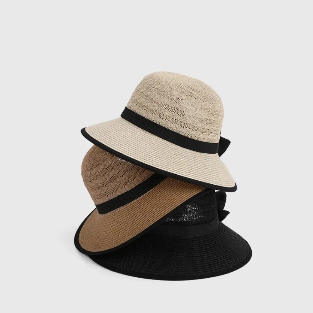 

Fashion Breathable Straw Hat Ponytail Hole Wide Brim Sun Hat Solid Color Bow-tied Summer Hat Women