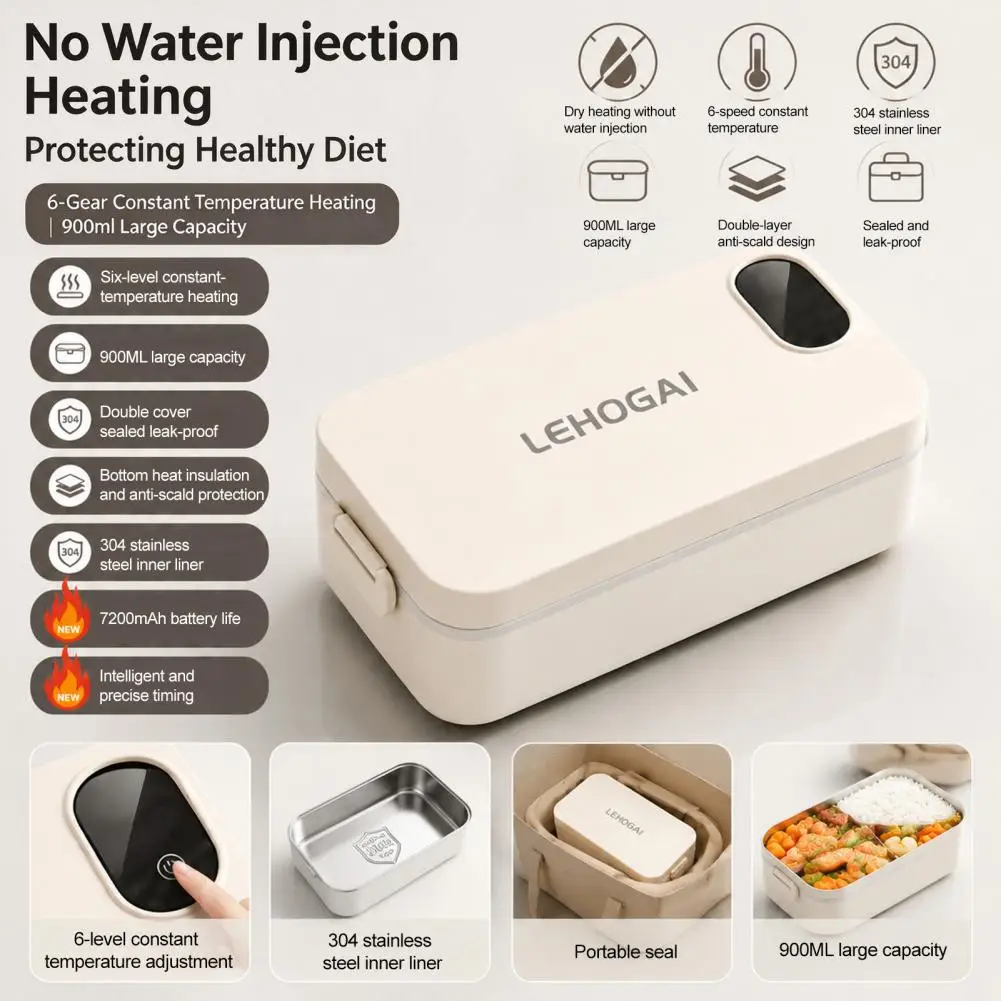 Rechargeable Food Warmer for Office 900ml Usb Rechargeable Lunch Box with 6-level Temp Control Portable Electric Bento Box