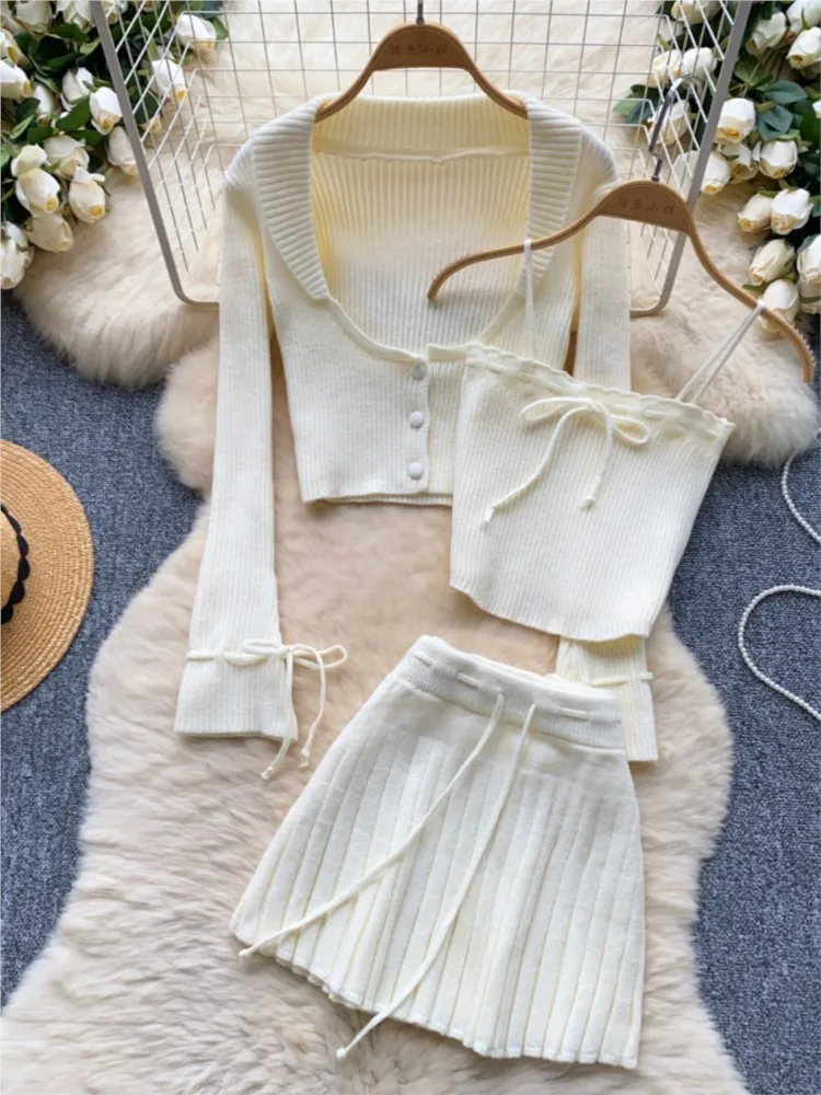 Y2k Solid Knitted Suit 3 Piece Set Woman Cropped Patchwork Vest + Slim Cardigan + Mini Pleated Skirt Autumn Korean Chic Outfits