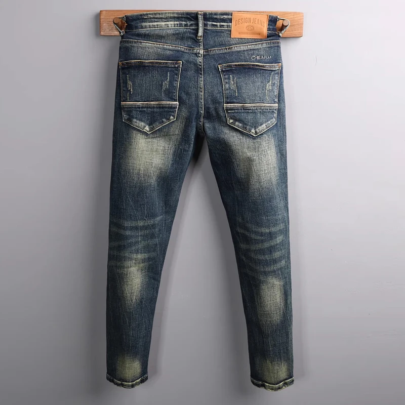 Hombre Fashion New Men's Blue Jeans Perforated Patch Scratch Wash Nostalgic Stretch Slim Fit Jeans Straight Tube Pencil