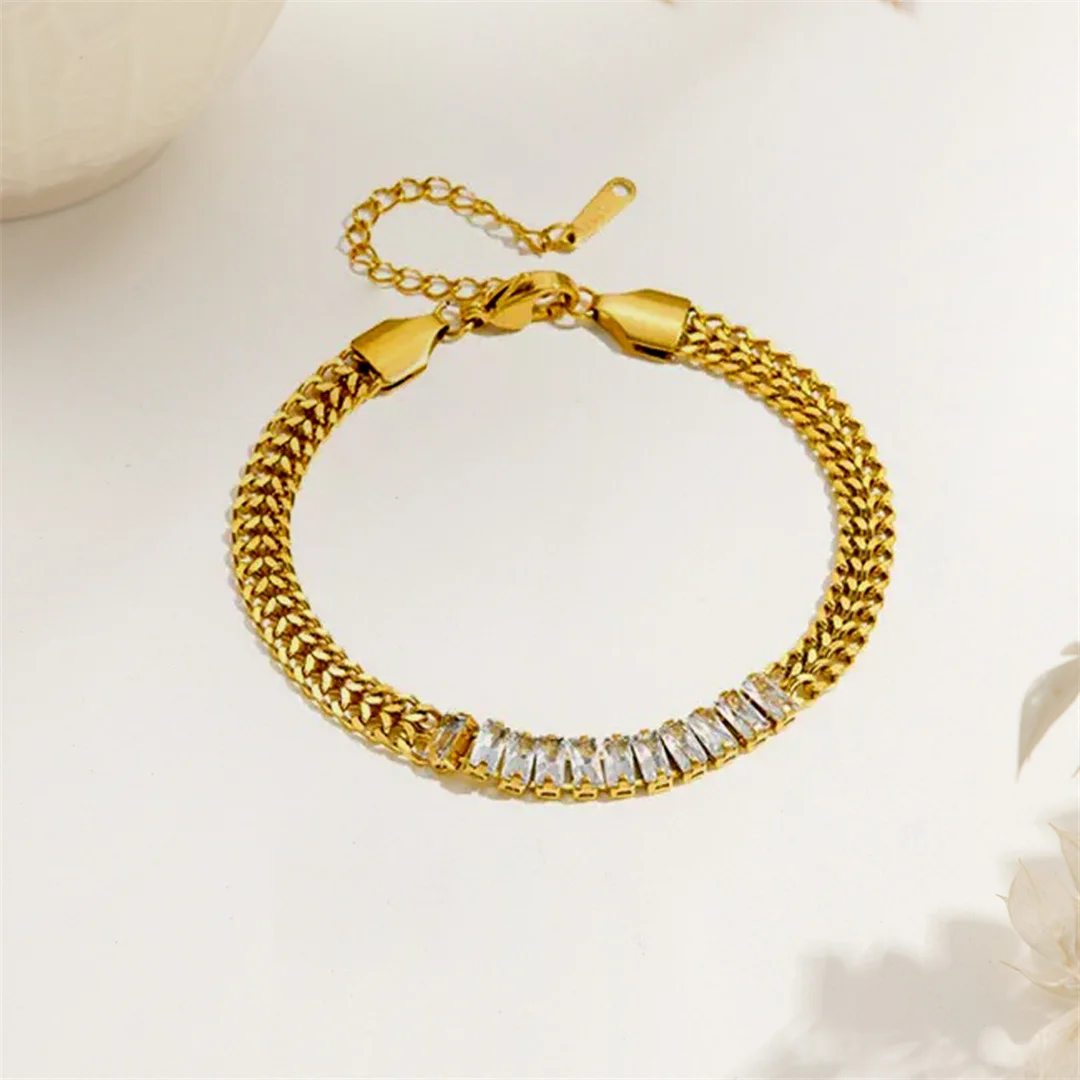 Hip Hop Iced Out Zirconia Tennis Chain Bracelet Female Gold Color Stainless Steel Cuban Chain Link Bracelets for Women Jewelry