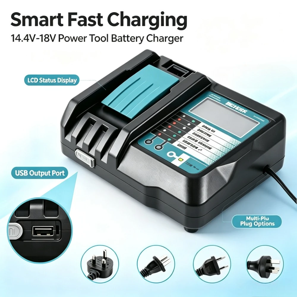 交換用超高速リチウムイオン充電器、144v～18vリチウム工具バッテリー対応、lcdディスプレイ＆usb出力ポート付き