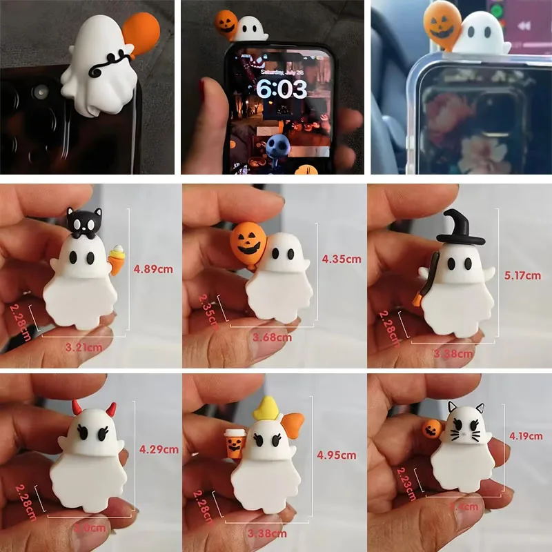 Ghostees Mystery Phone Buddy, Stick-On Halloween Ghost & Pumpkin Cling Decoration Phone Topper Peel-and-Stick Design Figurine
