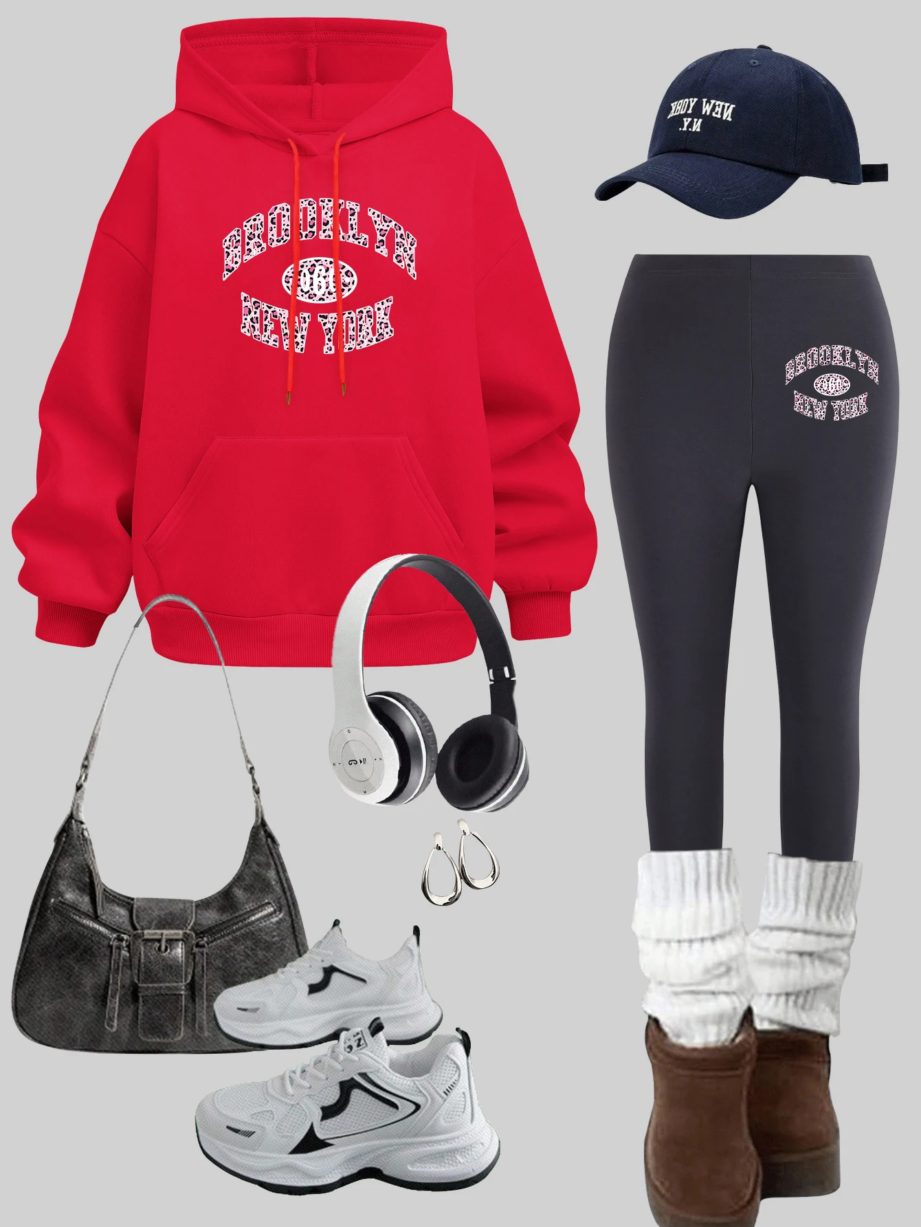 Brooklyn New York Art Letter Printed Woman Pullover Fleece Pocket Female Hoodies Set Autumn Warm leggings Casual elasticity pant