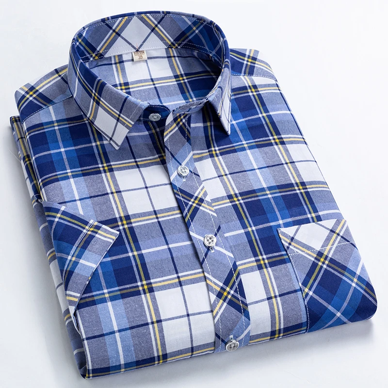 Camisas de manga corta a cuadros para hombre, camisa informal de negocios con cuello vuelto a rayas, alta calidad, Verano