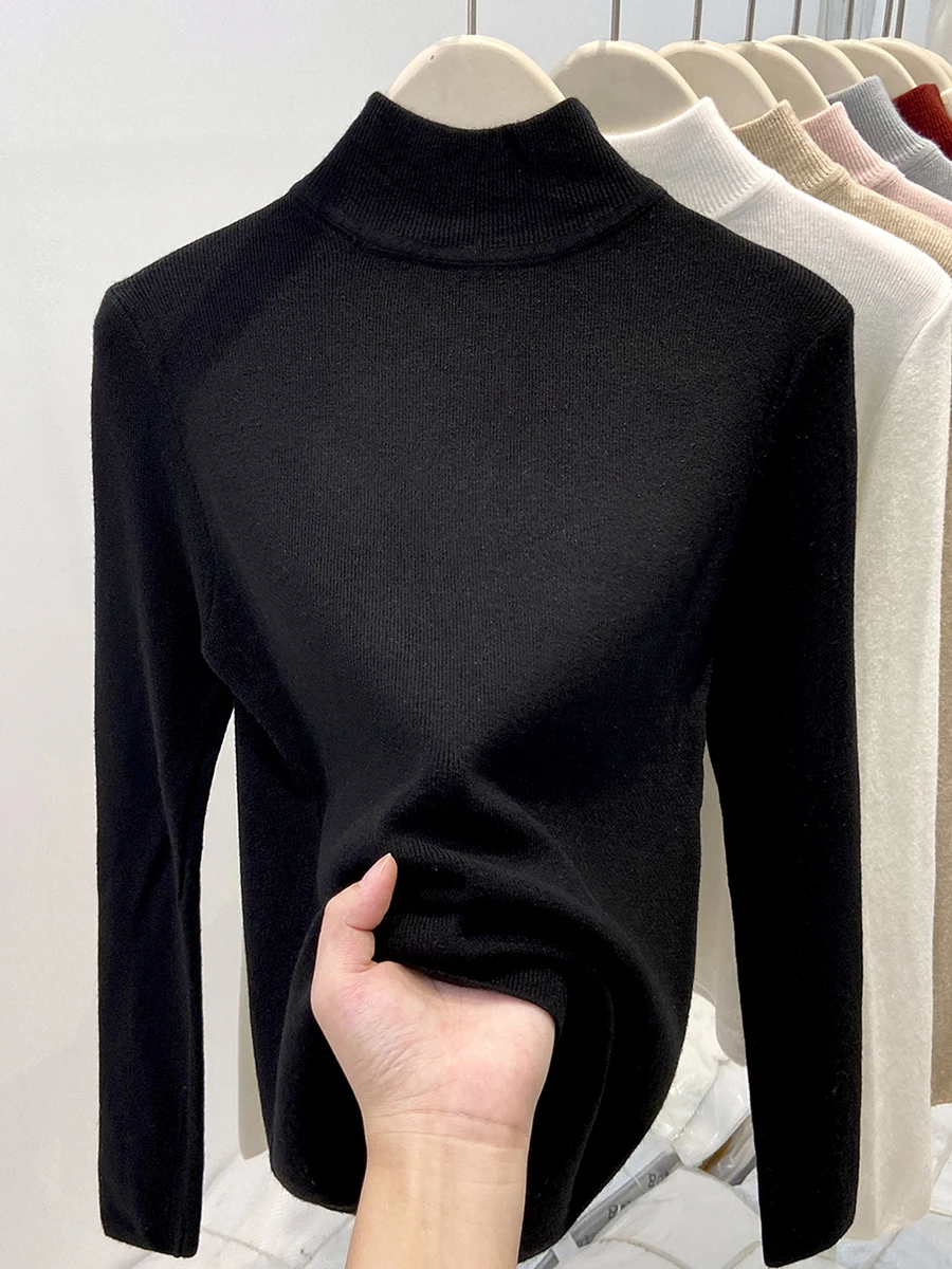 

Slim Fit High Ne Knit Sweater Base irt Women's Autumn Winter New Sle Fur Inner Wear Elely Slimming Bla Versatile Top