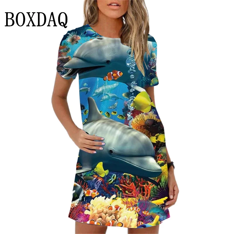 New Summer Women Dress 3D Print Mermaid Pattern Elegant Sweet A-line Dress Loose Beach Casual Short Sleeve Oversize Ladies Dress