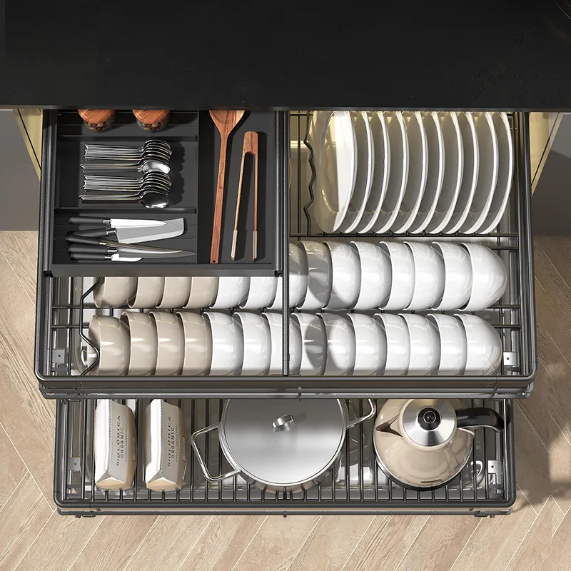 سلة سحب، خزانة المطبخ، رف وعاء ثلاثي الطبقات، رف ضخ سبائك الألومنيوم، سلة أطباق توابل زرقاء #4