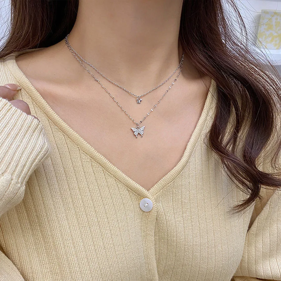 New Double Clavicle Chain Niche Design Mori Diamond Butterfly Necklace Internet Celebrant All-Match