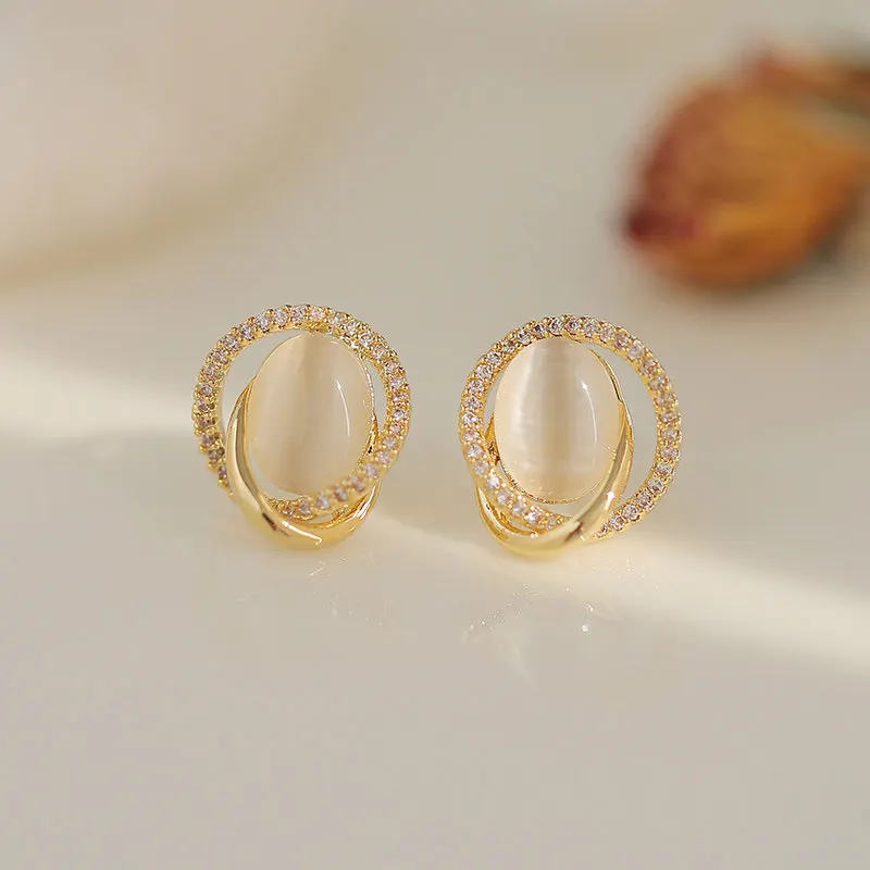 Trendy Small Oval Opal Stud Earrings for Women Rhinestones Crystal Twist Metal Hollow Irregular Geometry Earrings Jewelry