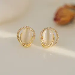 Trendy Small Oval Opal Stud Earrings for Women Rhinestones Crystal Twist Metal Hollow Irregular Geometry Earrings Jewelry