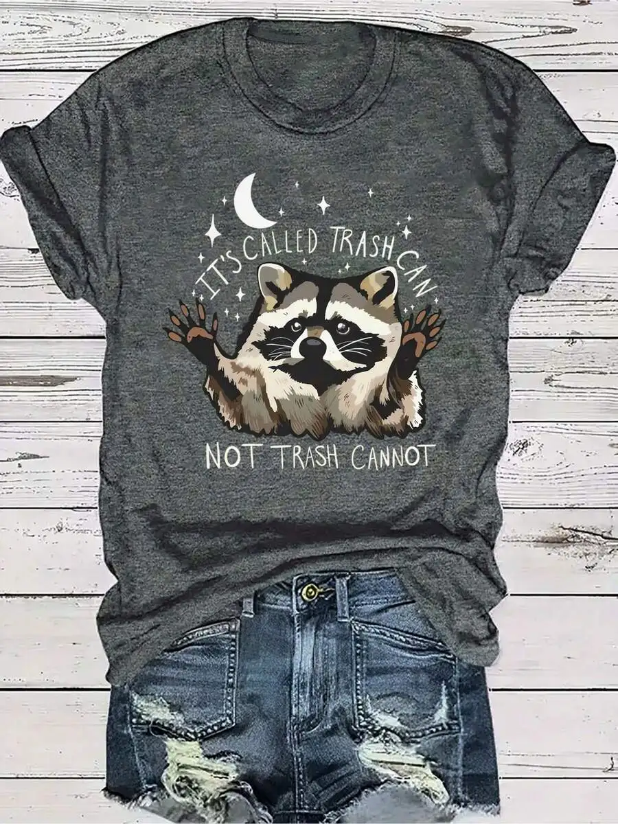 

Womens Casual Round Neck Short Sleeve T-Shirt Gray Printed Raccoon Humor Design