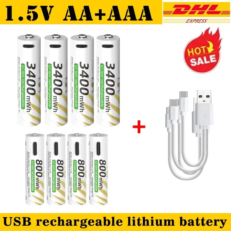 Big Promotion Li-ion AAA and AA Rechargeable Batteries USB Lithium-ion 3400mWh 1.5V AA +800mWh 1.5V AAA Battery Air Transport
