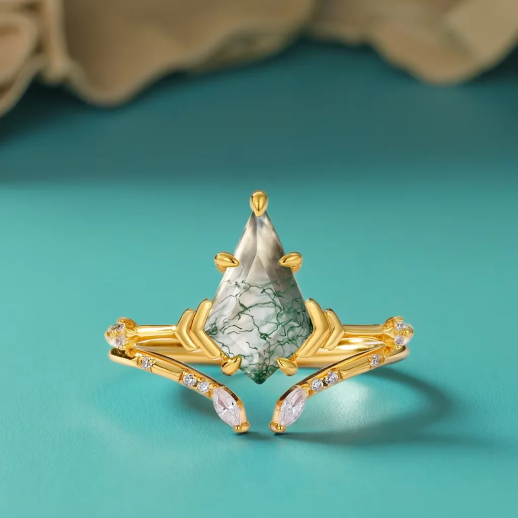 

Kite Cut Moss Agate Ring for Women Men Sterling Silver Gold Plating Stackable Rings for Engagement Wedding Gift