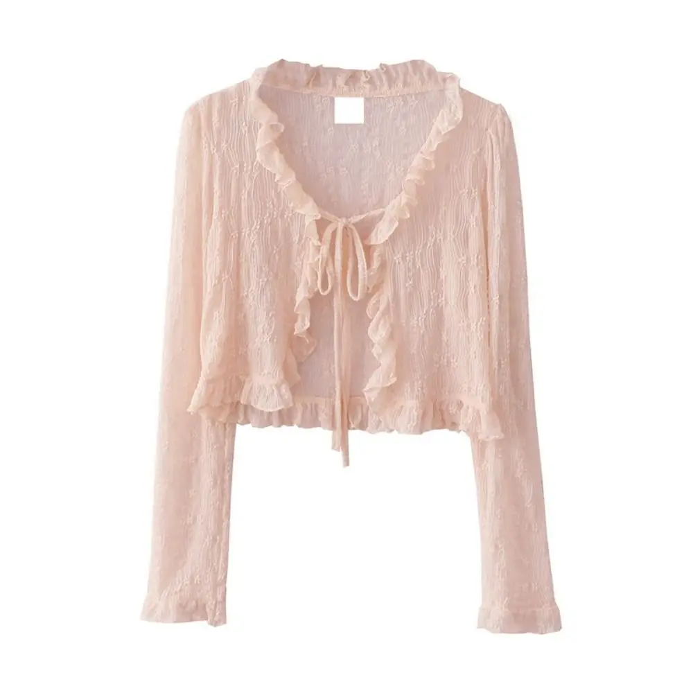 Floral Flower Thin Sunscreen Cardigan Top V-neck See Through Knitted Long Sleeves Sunscreen Top Short Coat