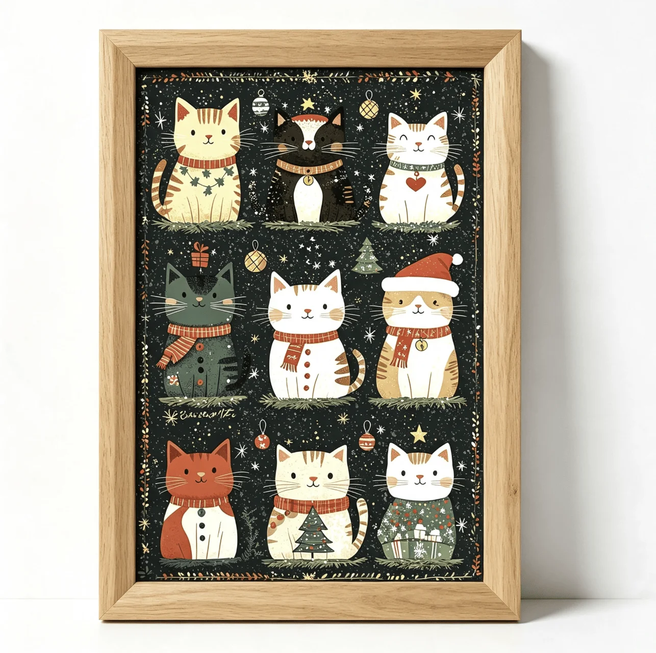 Cute Christmas Cats Collection Wall Art Canvas Prints Posters, Cartoon Kitty, Holiday Living Room Farmhouse Home Decor
