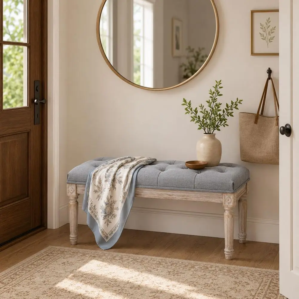 Kmax Tuted Entryway Bench, Upholstered Rustic Ottoman Bench, 31.5