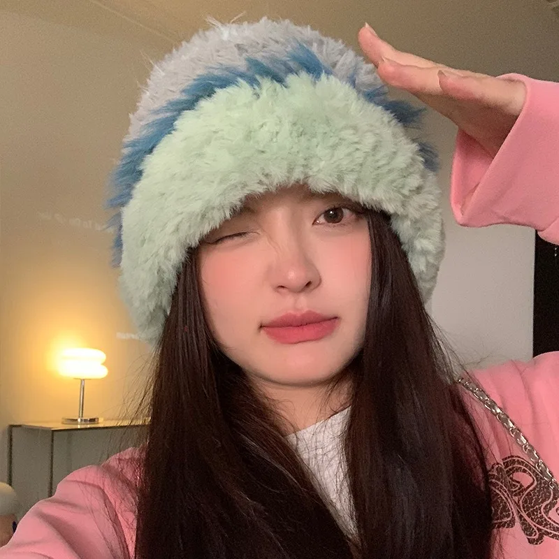Korean Style Plush Knit Beanie Women Winter Warm Ear Protection Hat Large Head Circumference Slim Face Casual Daily Headwear