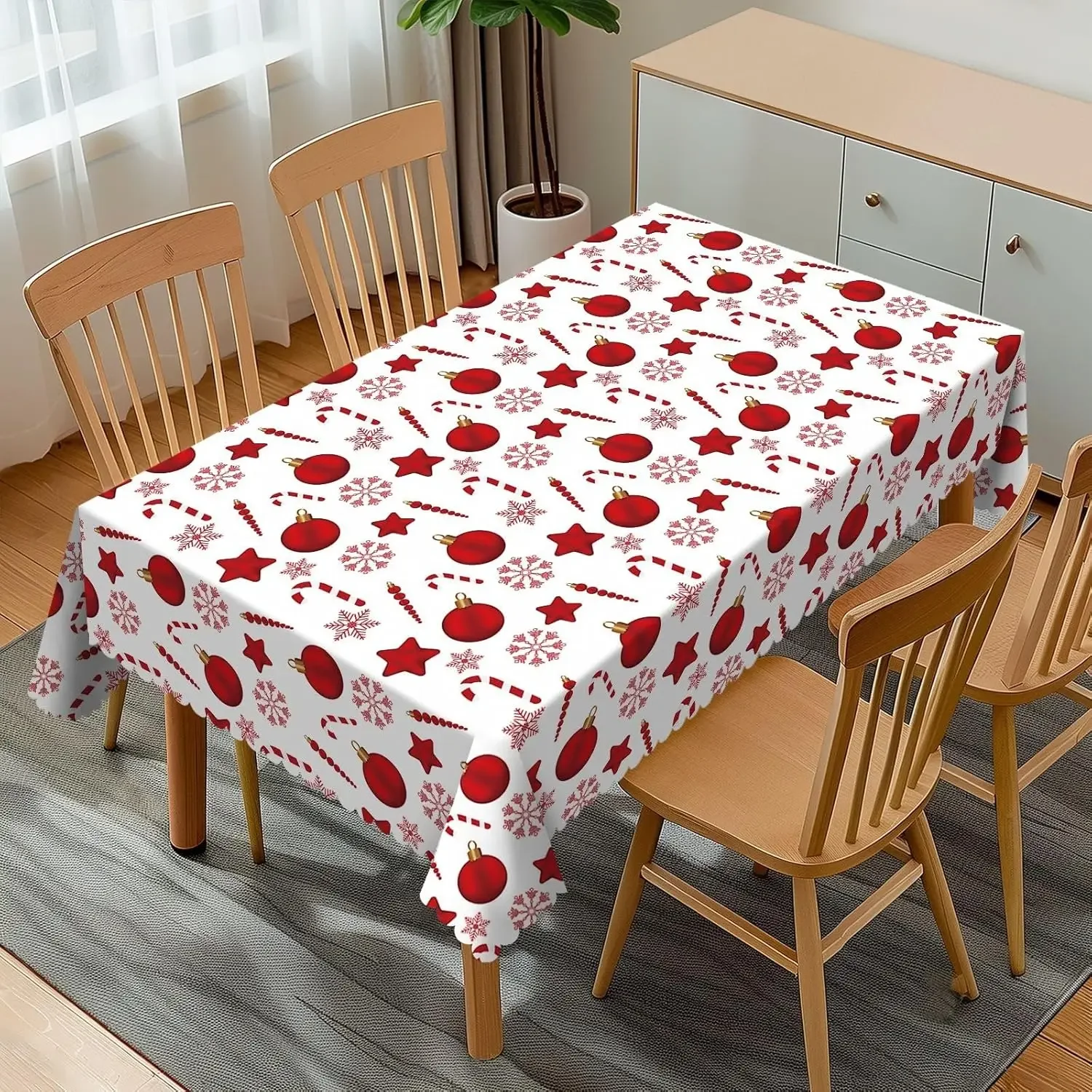 Christmas Snowflake Candy Cane Balls Tablecloth for Table Decor Reusable Winter Kitchen Dining Tablecloth Christmas Decorations