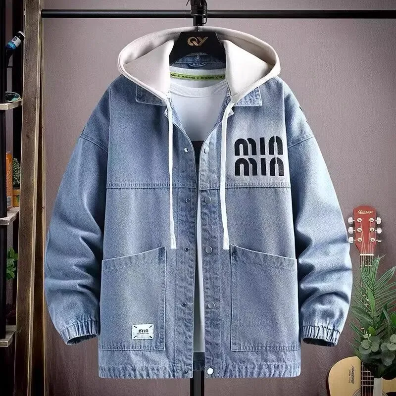 

Men's Casual Loose Fit Denim Jaet with Hood for Autumn Winter Workwear Simple Sle Long Sve Cotton Coat