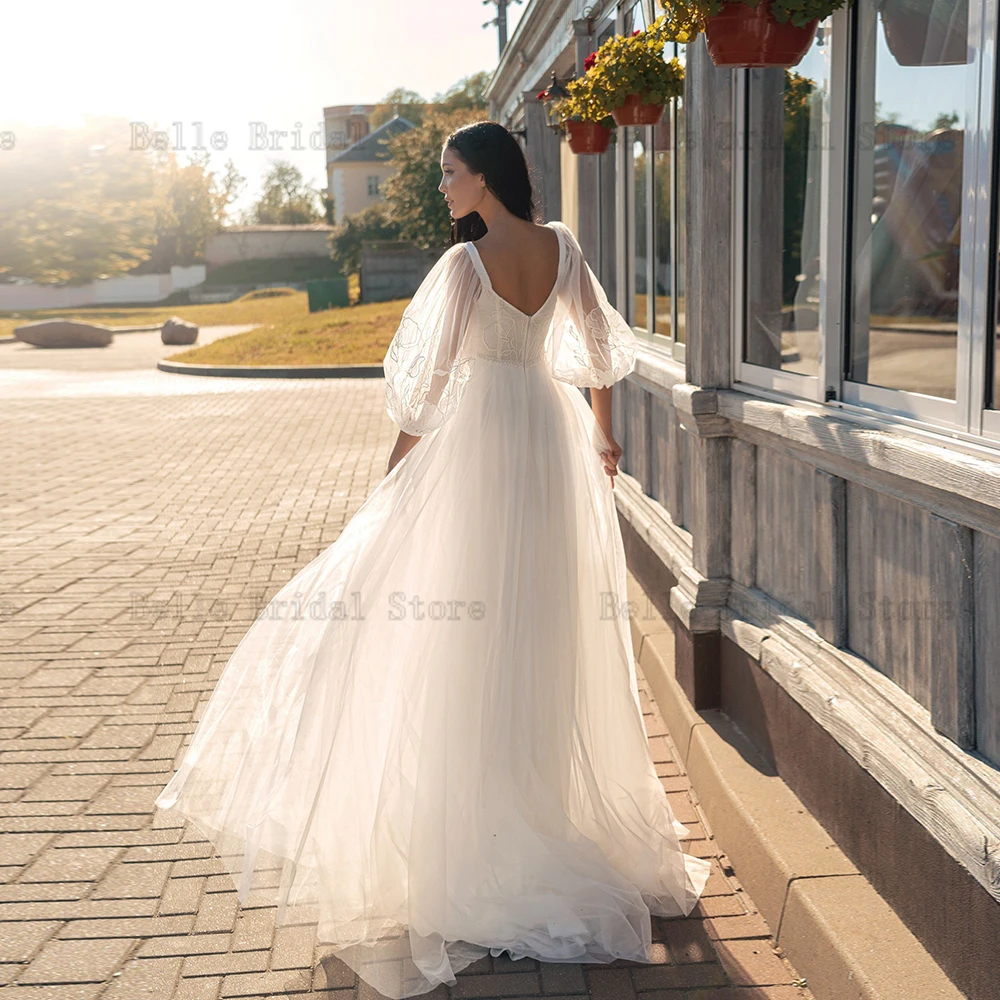 Semplici abiti da sposa a-line bianchi con scollo a V 3/4 maniche Tulle da sposa Growns Appliques cerniera posteriore lunghezza del pavimento Vestidos De Novia