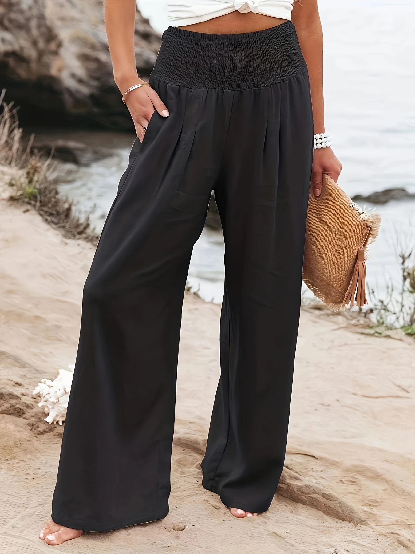 

Summer new high waisted wide leg casual pants with black loose hanging feeling, vacation style straight leg pants